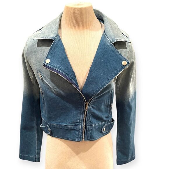 FATE by LFD Denim Jacket Blue Medium Wash Long Zipper Pocket Ombre Jean Jacket S - Picture 5 of 15